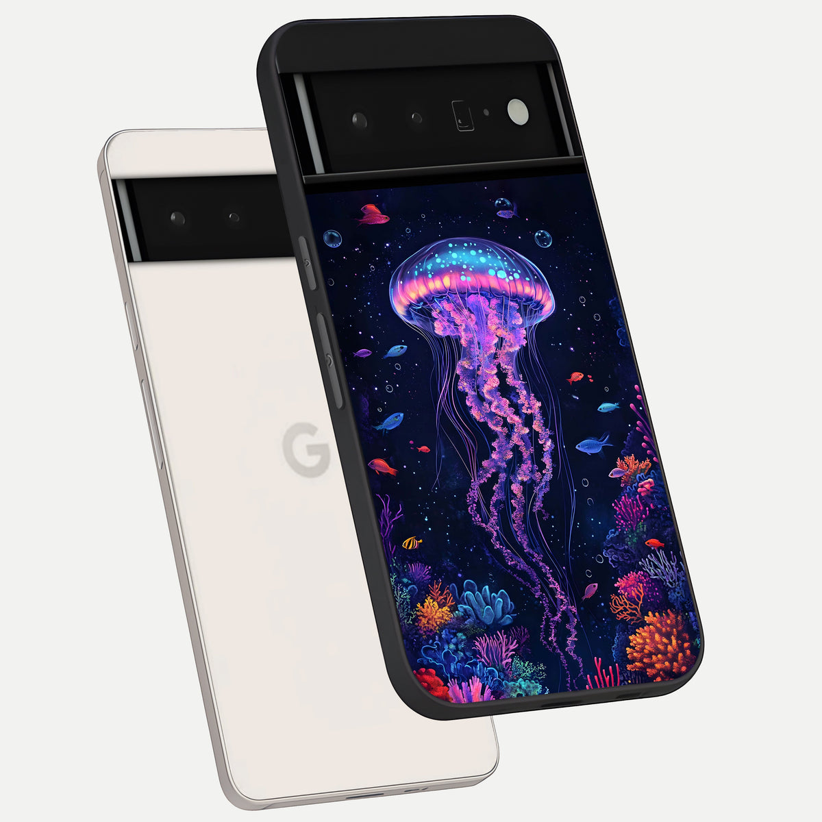  Neon Jellyfish phone case For Google Pixel 6 Pro showing premium glass back cover with detailed artwork