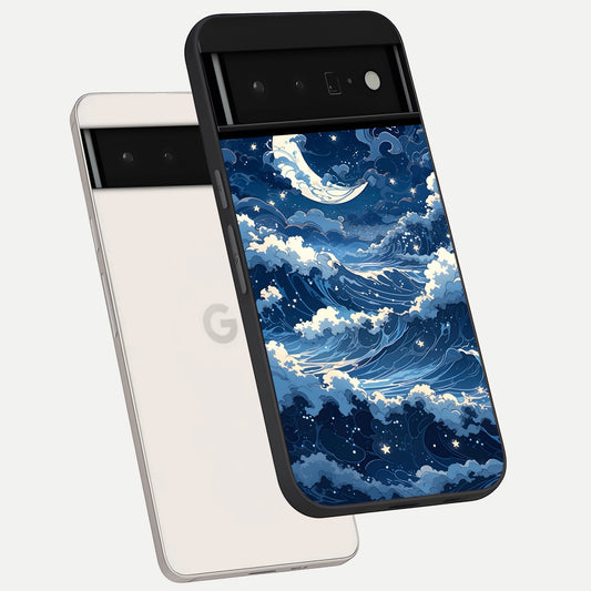  Ocean Moon Waves phone case For Google Pixel 6 Pro showing premium glass back cover with detailed artwork