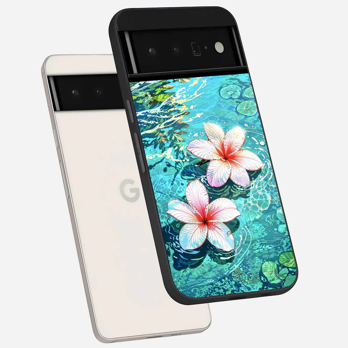  Pink Flowers in Water phone case For Google Pixel 6 Pro showing premium glass back cover with detailed artwork