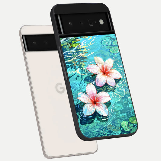  Pink Flowers in Water phone case For Google Pixel 6 Pro showing premium glass back cover with detailed artwork