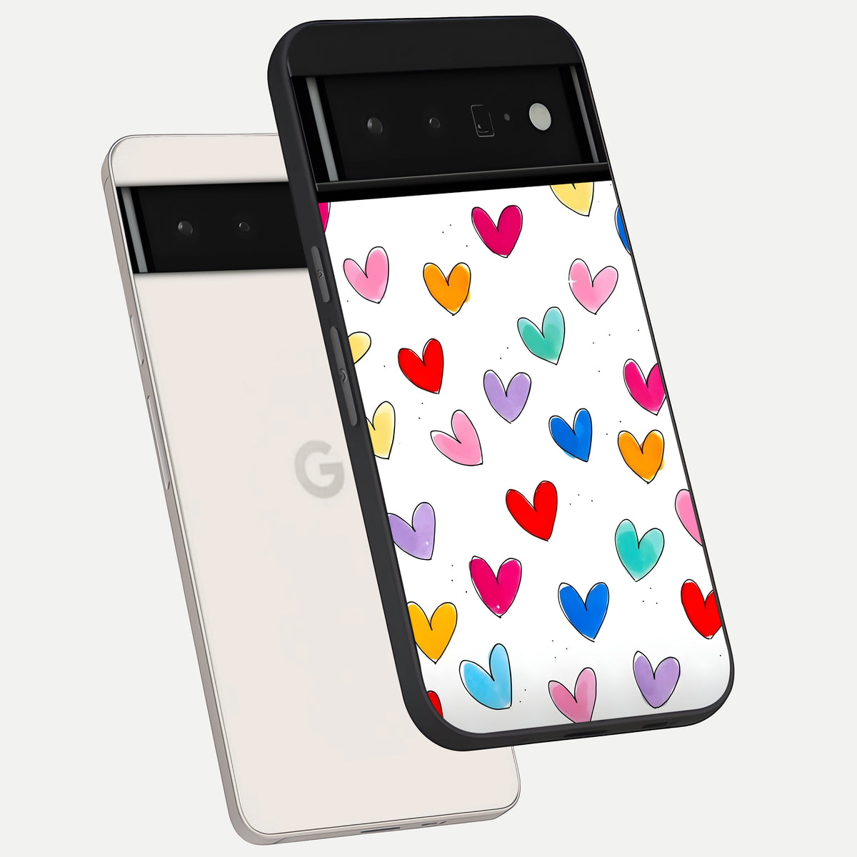  Playful Love Doodles phone case For Google Pixel 6 Pro showing premium glass back cover with detailed artwork