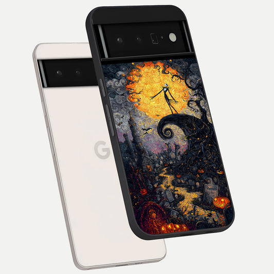  Pumpkin Moon Night phone case For Google Pixel 6 Pro showing premium glass back cover with detailed artwork