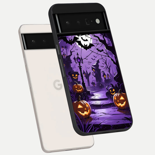  Pumpkin Patch Halloween phone case For Google Pixel 6 Pro showing premium glass back cover with detailed artwork
