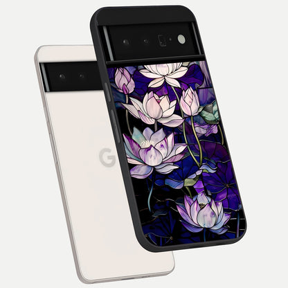  Purple Lotus Pattern phone case For Google Pixel 6 Pro showing premium glass back cover with detailed artwork