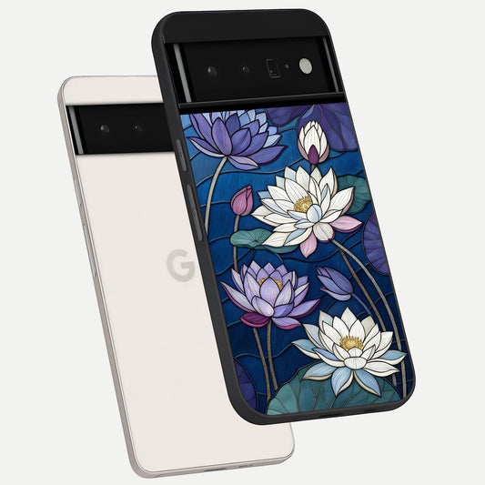  Purple Lotus Stained phone case For Google Pixel 6 Pro showing premium glass back cover with detailed artwork