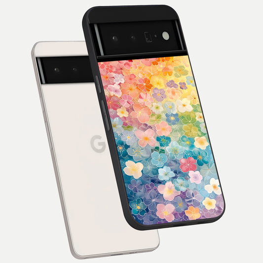  Rainbow Blossom Burst phone case For Google Pixel 6 Pro showing premium glass back cover with detailed artwork