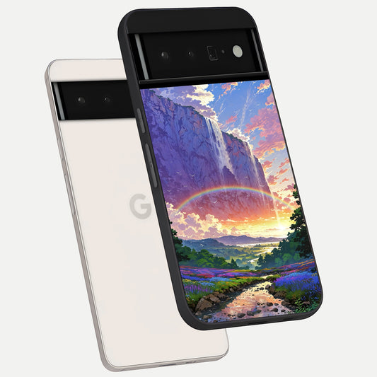  Rainbow Valley Dream phone case For Google Pixel 6 Pro showing premium glass back cover with detailed artwork