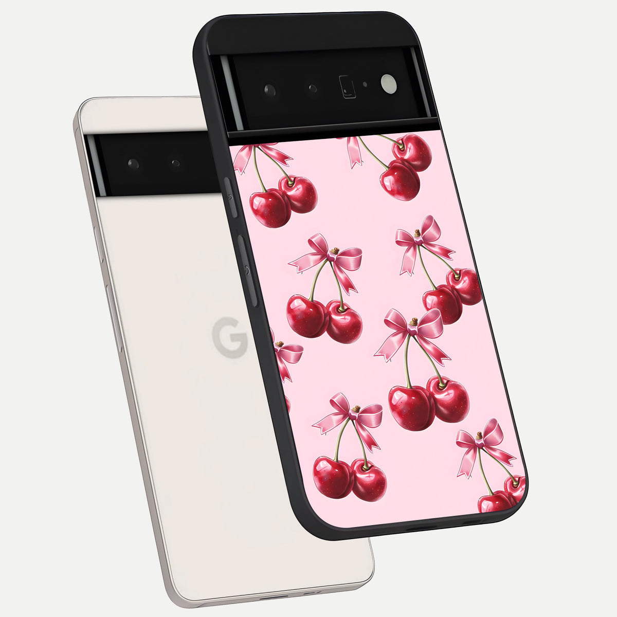  Red Cherries Pattern phone case For Google Pixel 6 Pro showing premium glass back cover with detailed artwork