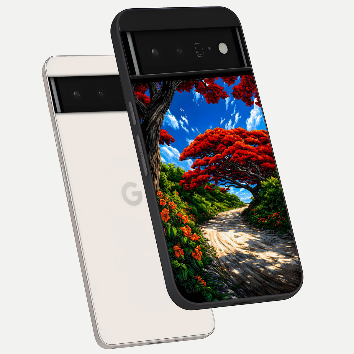  Red Trees Pathway phone case For Google Pixel 6 Pro showing premium glass back cover with detailed artwork