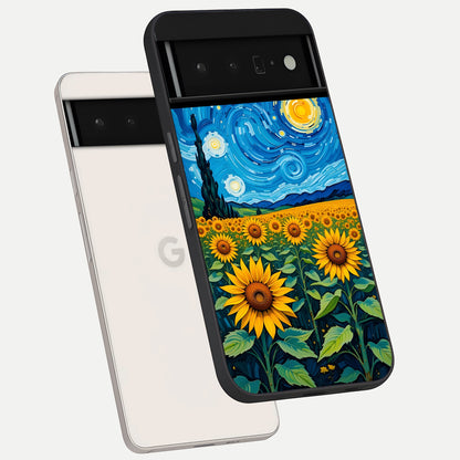  Starry Sunflower Dreams phone case For Google Pixel 6 Pro showing premium glass back cover with detailed artwork