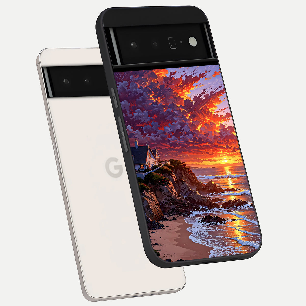  Sunset House By Sea phone case For Google Pixel 6 Pro showing premium glass back cover with detailed artwork