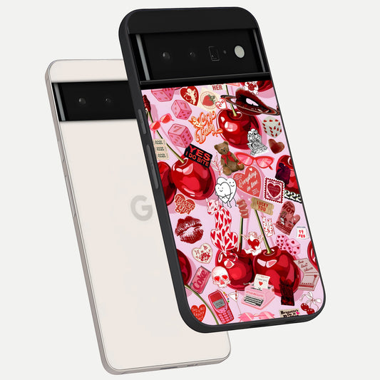  Sweet Cherry Chaos phone case For Google Pixel 6 Pro showing premium glass back cover with detailed artwork