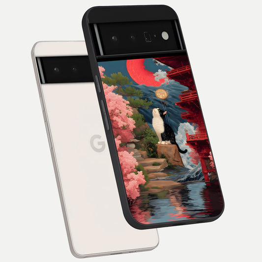  Temple Cat Scenery phone case For Google Pixel 6 Pro showing premium glass back cover with detailed artwork