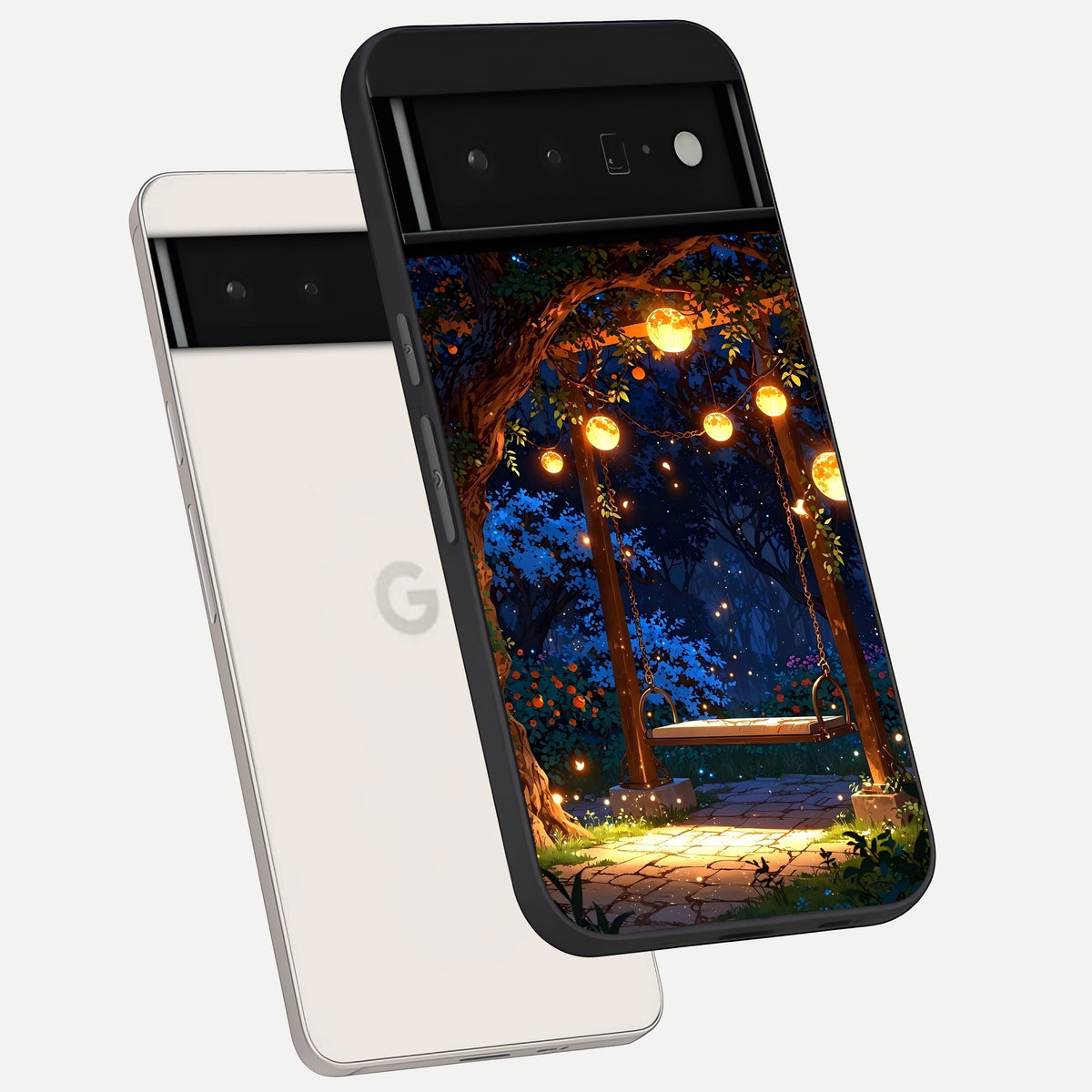 Twilight Garden Swing phone case For Google Pixel 6 Pro showing premium glass back cover with detailed artwork