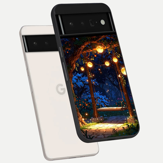 Twilight Garden Swing phone case For Google Pixel 6 Pro showing premium glass back cover with detailed artwork