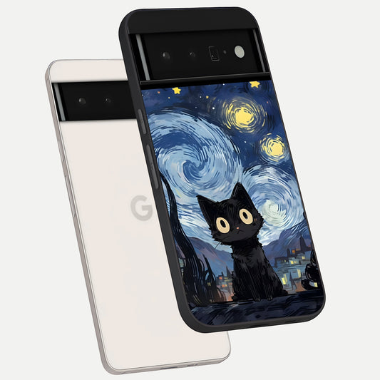  Van Gogh Cat phone case For Google Pixel 6 Pro showing premium glass back cover with detailed artwork