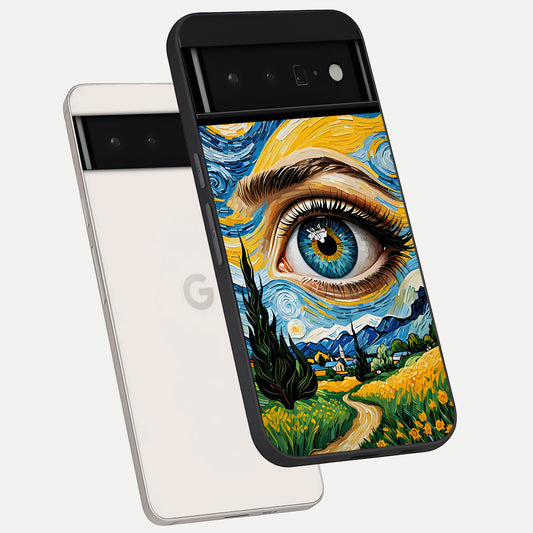  Van Gogh Eye phone case For Google Pixel 6 Pro showing premium glass back cover with detailed artwork