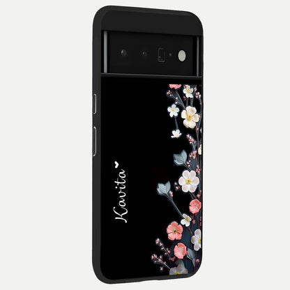  Black Elegance Floral Custom Name back cover For Google Pixel 6 Pro slim fit glass case with vibrant aesthetic design