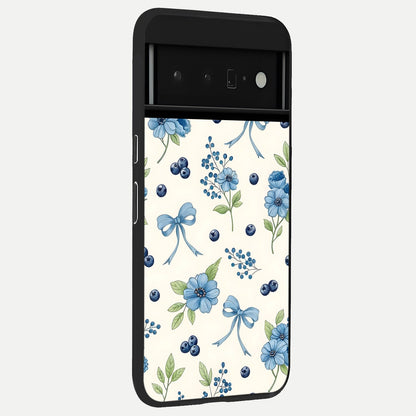  Blue Flower And Bow back cover For Google Pixel 6 Pro slim fit glass case with vibrant aesthetic design