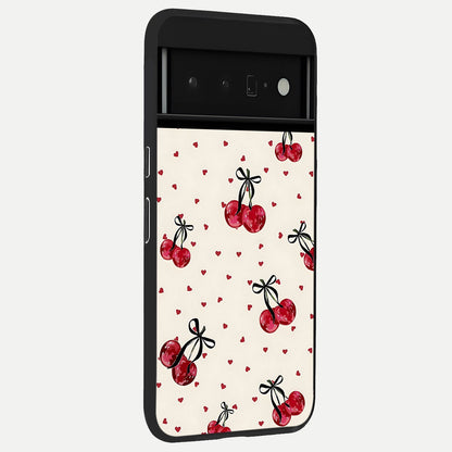  Cherry Heart Bow back cover For Google Pixel 6 Pro slim fit glass case with vibrant aesthetic design