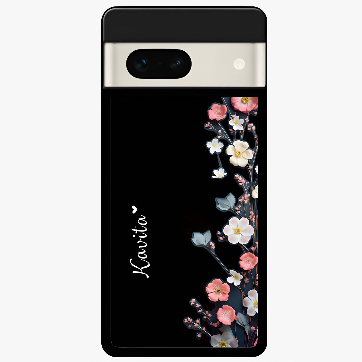  Black Elegance Floral Custom Name Glass Case For Google Pixel 7A back cover – full design glossy printed glass finish