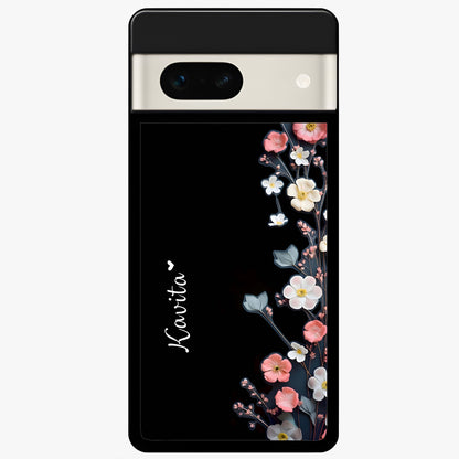  Black Elegance Floral Custom Name Glass Case For Google Pixel 7A back cover – full design glossy printed glass finish