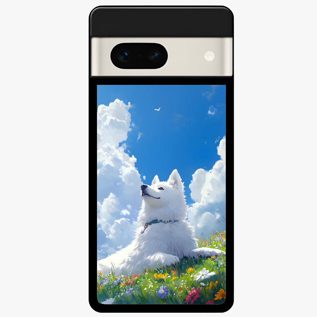  Blissful Cloud Pup Glass Case For Google Pixel 7A back cover – full design glossy printed glass finish