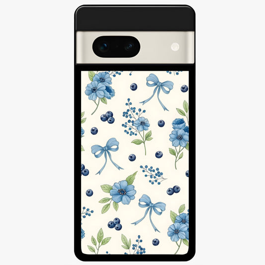  Blue Flower And Bow Glass Case For Google Pixel 7A back cover – full design glossy printed glass finish