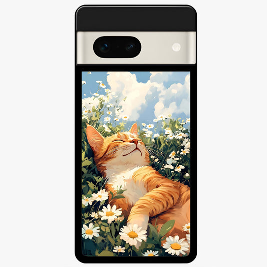  Cat And Flowers View Glass Case For Google Pixel 7A back cover – full design glossy printed glass finish