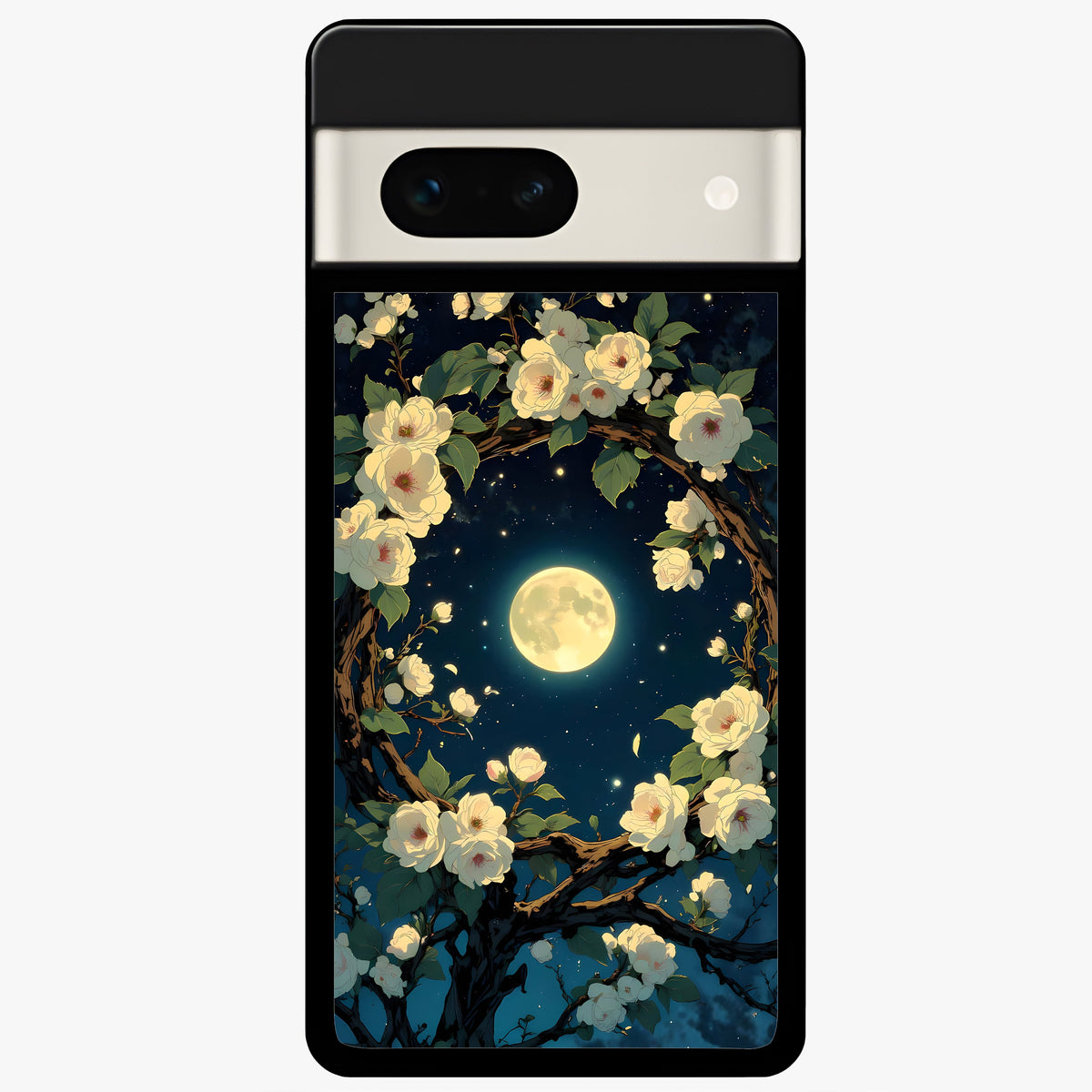  Celestial Moon And Flower Glass Case For Google Pixel 7A back cover – full design glossy printed glass finish