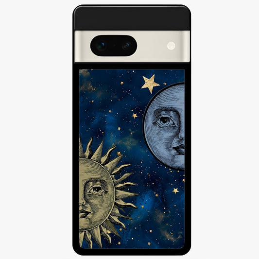  Celestial Moon With Sun Glass Case For Google Pixel 7A back cover – full design glossy printed glass finish