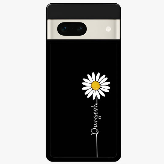  Custom Name White Flower Glass Case For Google Pixel 7A back cover – full design glossy printed glass finish