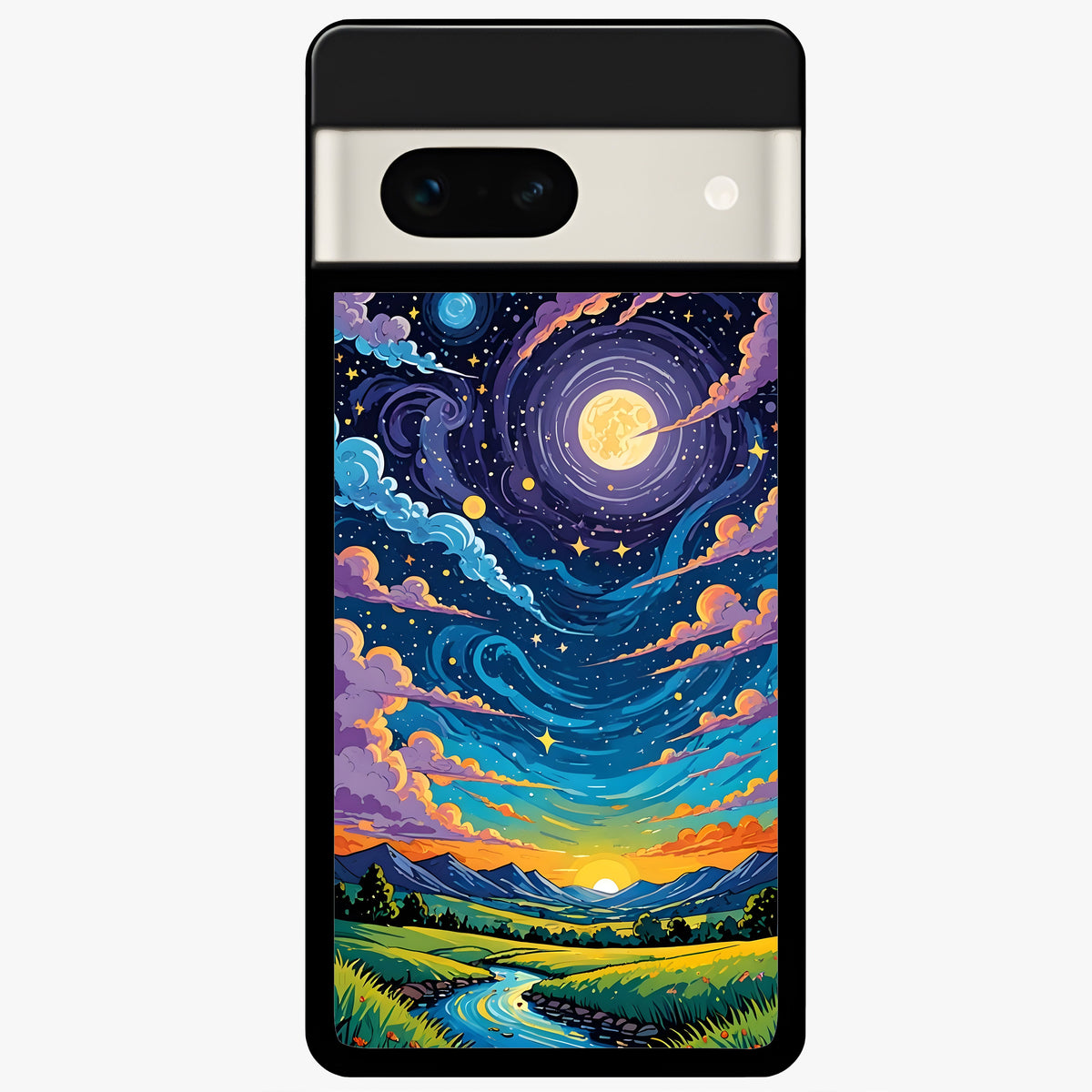  Dreamy Night Landscape Glass Case For Google Pixel 7A back cover – full design glossy printed glass finish