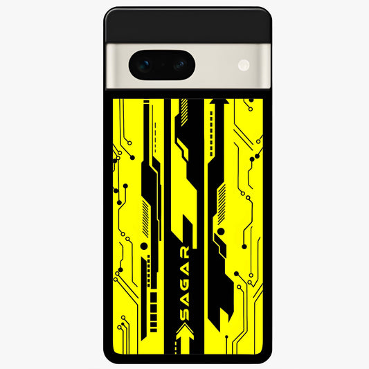  Electric Pulse CYBERPUNK Custom Name Glass Case For Google Pixel 7A back cover – full design glossy printed glass finish