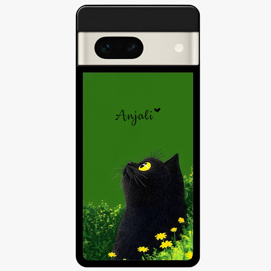  Emerald Cat Custom Name Glass Case For Google Pixel 7A back cover – full design glossy printed glass finish