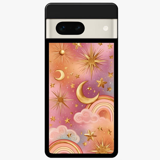  Golden Celestial Dreams Glass Case For Google Pixel 7A back cover – full design glossy printed glass finish
