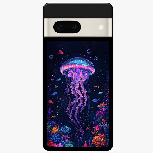  Neon Jellyfish Glass Case For Google Pixel 7A back cover – full design glossy printed glass finish