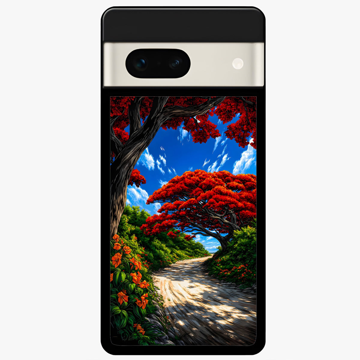  Red Trees Pathway Glass Case For Google Pixel 7A back cover – full design glossy printed glass finish