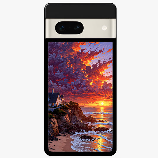  Sunset House By Sea Glass Case For Google Pixel 7A back cover – full design glossy printed glass finish