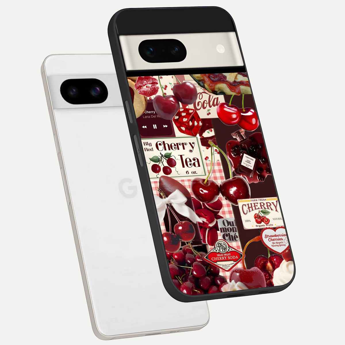  Aesthetic Cherry Tea phone case For Google Pixel 7A showing premium glass back cover with detailed artwork