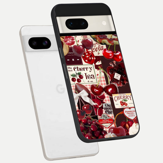  Aesthetic Cherry Tea phone case For Google Pixel 7A showing premium glass back cover with detailed artwork