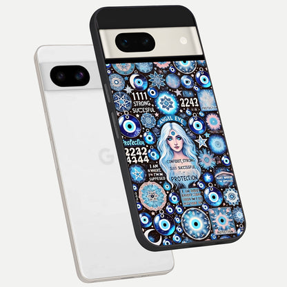  Angel Aura Shield phone case For Google Pixel 7A showing premium glass back cover with detailed artwork