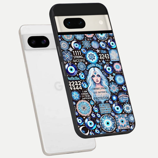  Angel Aura Shield phone case For Google Pixel 7A showing premium glass back cover with detailed artwork
