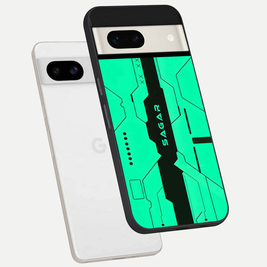  Aqua Tech CYBERPUNK Custom Name phone case For Google Pixel 7A showing premium glass back cover with detailed artwork