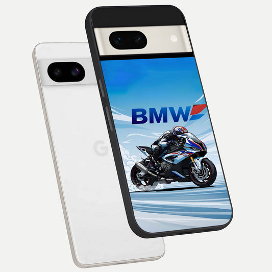  BMW Power Drift phone case For Google Pixel 7A showing premium glass back cover with detailed artwork