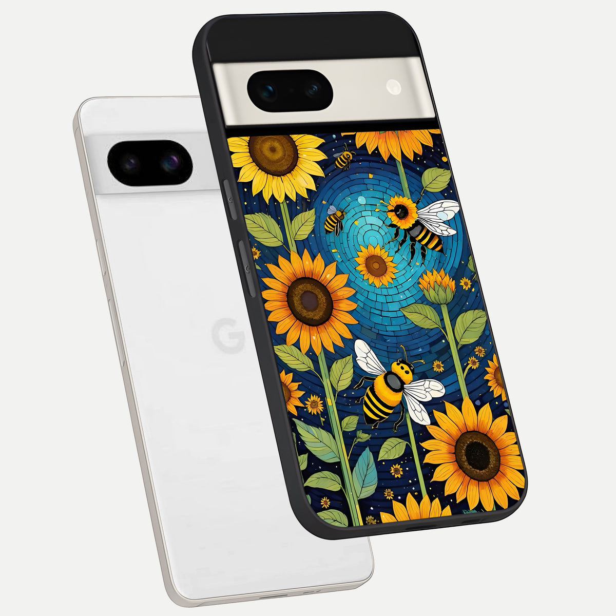  Bees And Sunflowers phone case For Google Pixel 7A showing premium glass back cover with detailed artwork