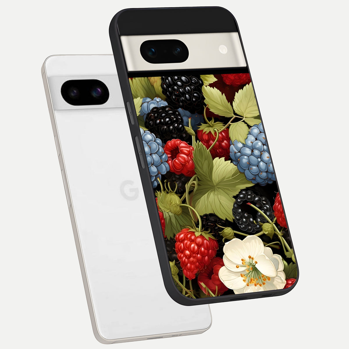  Berry Bloom Charm phone case For Google Pixel 7A showing premium glass back cover with detailed artwork