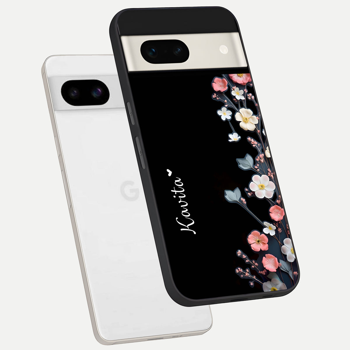  Black Elegance Floral Custom Name phone case For Google Pixel 7A showing premium glass back cover with detailed artwork