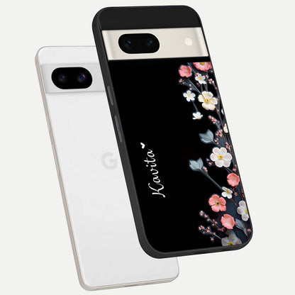  Black Elegance Floral Custom Name phone case For Google Pixel 7A showing premium glass back cover with detailed artwork