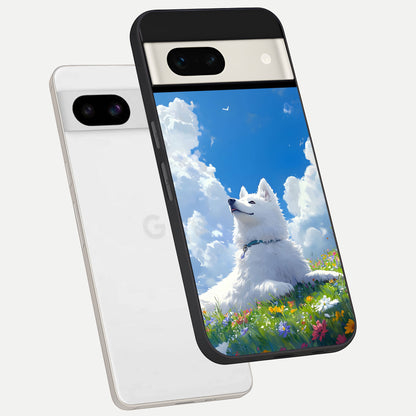  Blissful Cloud Pup phone case For Google Pixel 7A showing premium glass back cover with detailed artwork